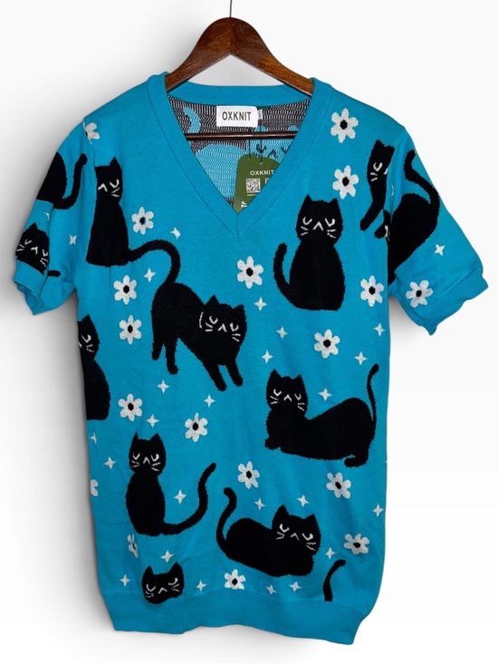 OXKnit Tops - OXKNIT Women's Blue Cat-Print V-Neck Sweater Top